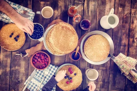 Buckwheat Pancakes with Raspberries, Blueberries, Walnuts and Maple Syrup