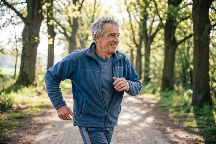 An older man on a brisk morning walk – a single hard workout can temporarily raise creatinine, so time your blood test fairly.